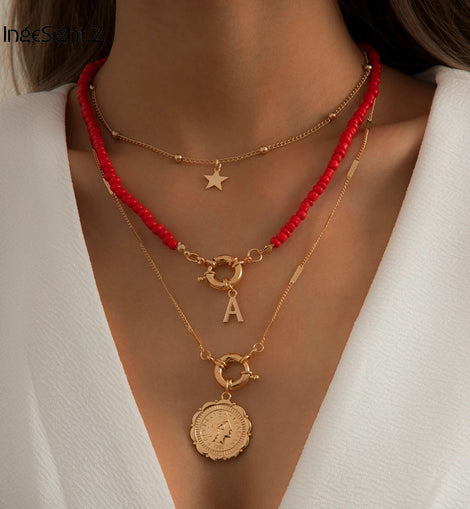 Women Bohemia Letter Carved Coin Star Necklace Sets