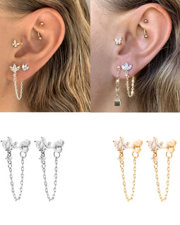 Women Butterfly Zircon Piercing Tassel Chain Dangle Earrings